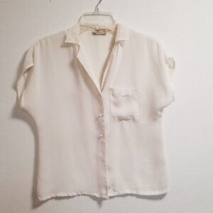 Vtg 1980's  Charlie California - Women's - Button Down Ivory Lacy Blouse / Shirt